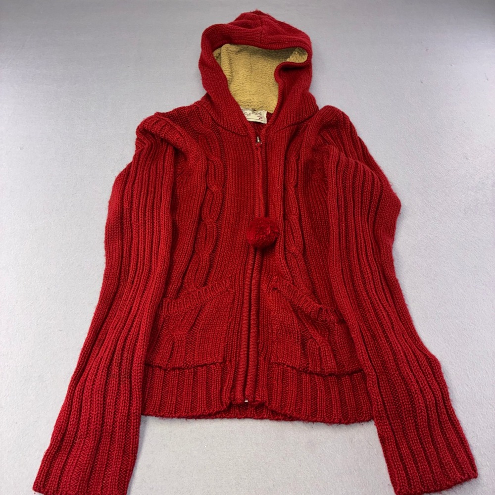 Love Lola Vintage Cable Knit Hoodie Women Small Red  Pom Pom Zip Up